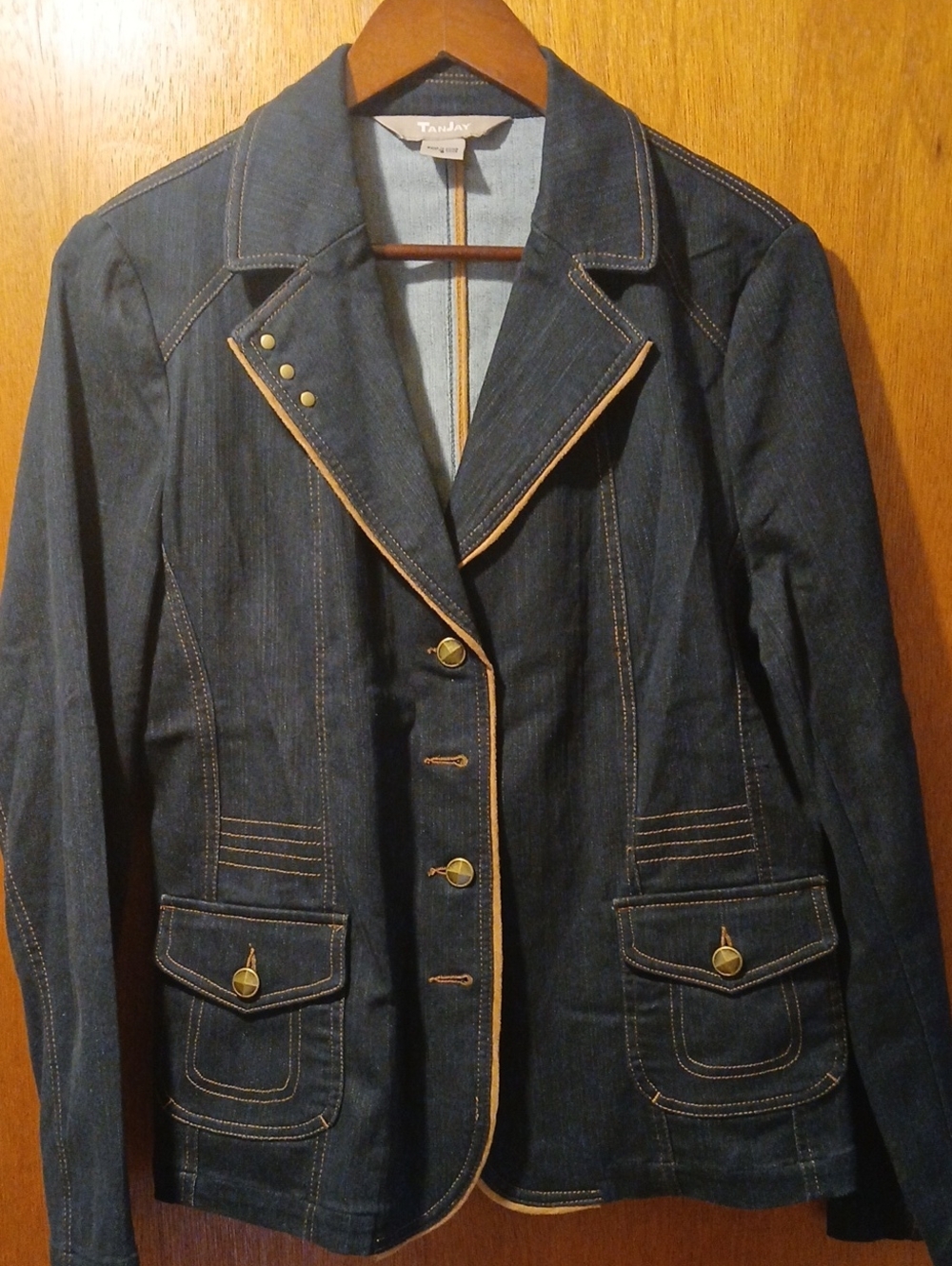 Vintage TanJay Dark Blue Denim Jacket /Blazer with Tan Trim Size 8